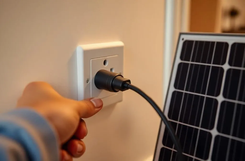 Plug and play solar panel being plugged into a UK wall socket for installation