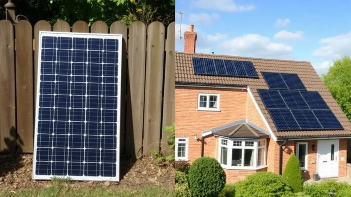 Plug in solar panel leaning against fence vs full rooftop solar system on UK house — side by side comparison
