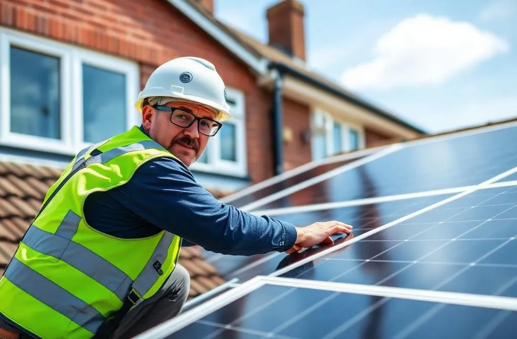 MCS certified engineer professionally installing solar panels on a UK home roof