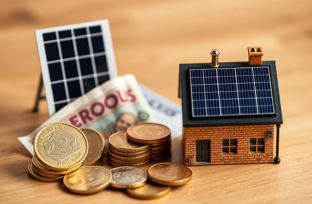 Plug in solar panels cost comparison — coins and model house with solar panels showing UK pricing
